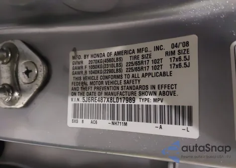 2008 Honda Cr-V Ex-L z USA, uszkodzony, nr VIN 5J6RE487X8L017989